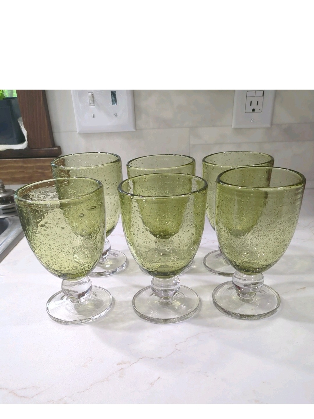 6 Tag LTD Hand Blown Bubble Glass Water Goblets Foliage Green 6” 10 oz